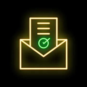Neon envelope with checked document icon for email marketing campaign Stock Illustration