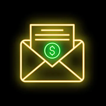 Neon envelope containing dollar bill icon glowing on black background Stock Illustration