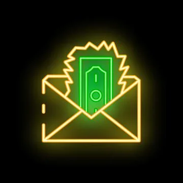 Neon envelope with dollar bill exploding with green flames on black backgroun Stock Illustration