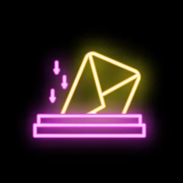 Neon envelope falling into ballot box on black background Stock Illustration