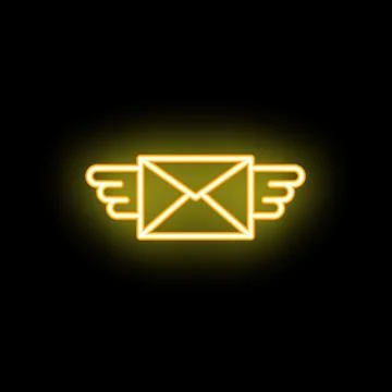 Neon envelope flying with wings on black background Stock Illustration