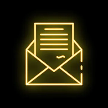 Neon envelope icon with letter inside glowing yellow on black background Stock Illustration
