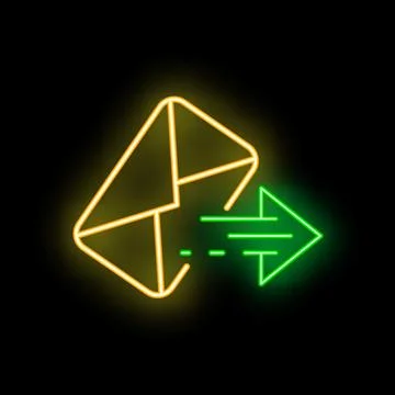 Neon envelope sending mail with green arrow on black background Stock Illustration