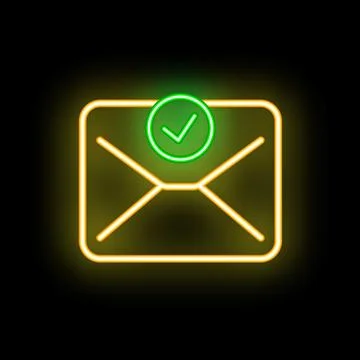 Neon envelope showing validation with green check mark on black background Stock Illustration