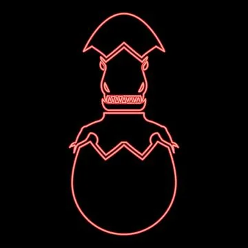 Neon evil dinosaur hatch from egg cracked eggshell red color vector illustr.. Stock Illustration