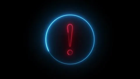 Neon exclamation mark icon, digital alert and warning symbol on dark background Stock Footage 335194769