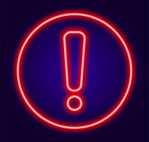 Neon exclamation mark in red in a circle icon attention. an isolated round frame Stock Illustration