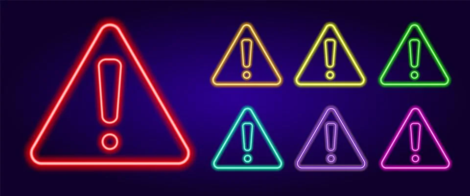 Neon exclamation mark in a triangle. A set of attention signs of different Stock Illustration