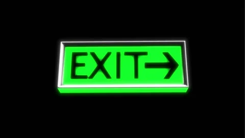 Neon exit board with red typography, right arrow, vivid green light, and dark is Stock Footage 340577639