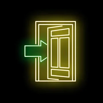 Neon exit sign showing open door direction Illustrazione stock