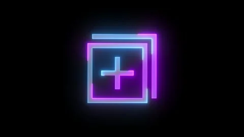 Neon explore content add plus icon cyan purple color glowing animation Video stock 270209961