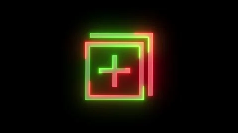 Neon explore content add plus icon green red color glowing animation Video stock 270209962