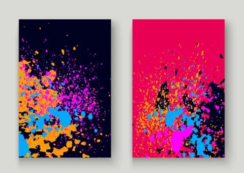 Neon explosion paint splatter artistic cover frame design. Decorative dust sp Stock Illustration