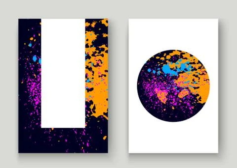 Neon explosion paint splatter artistic cover frame design. Decorative dust sp Stock Photos