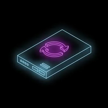 Neon external hard drive with rotating arrows symbolizing synchronization p.. Illustrazione stock