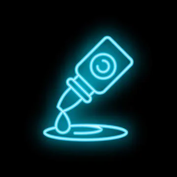 Neon eye drop bottle pouring liquid on contact lens Stock Illustration