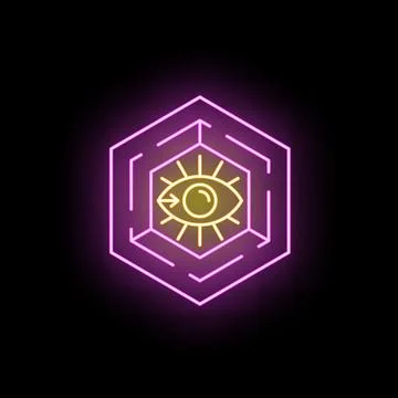 Neon eye icon inside a hexagonal maze symbol Stock Illustration