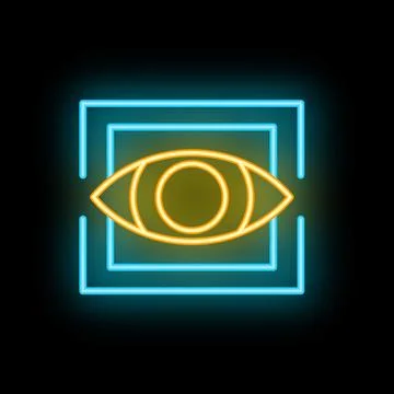 Neon eye symbol glowing inside multiple square frames on black background Stockillustratie