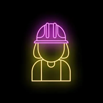 Neon female construction worker hard hat icon Stock Illustration