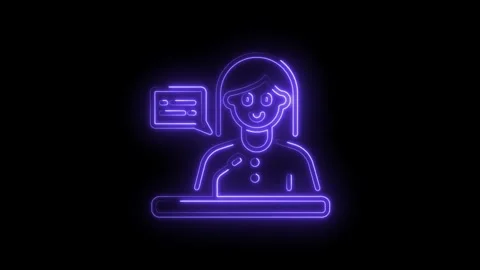 Neon female presenter at podium giving speech with chat box design animation Stock Footage 345985336
