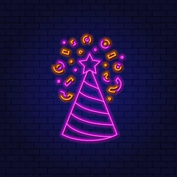 Neon Festive Cap Design Element. Party Hat. Glowing illustration Stock Illustration