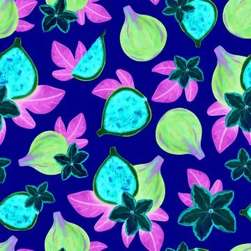 Neon fig fruit seamless pattern. Hand drawn watercolor illustration Stock Illustration