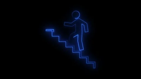 Neon figure climbing stairs representing progress Stock Footage 346662086