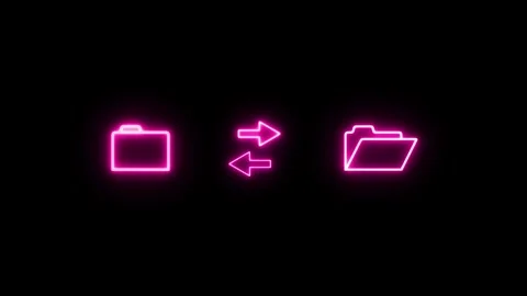 Neon file transfer icon featuring glowing colored outline folder and symbol.. 스톡 동영상 332467094
