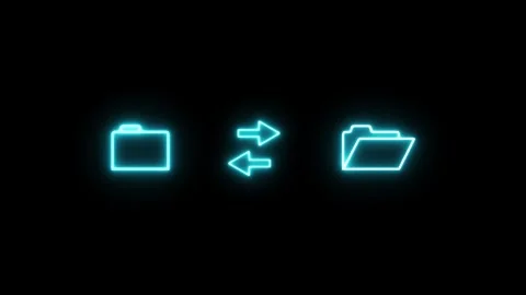 Neon file transfer icon featuring glowing cyan colored outline folder and s.. Stock Footage 332467095