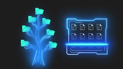 Neon file tree and database icon for data. Neon file tree for organized inf.. 스톡 동영상 337815817