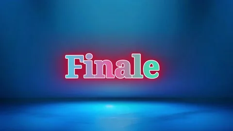 Neon finale text sign glowing in blue studio background for event closing and Stock Footage 346217934