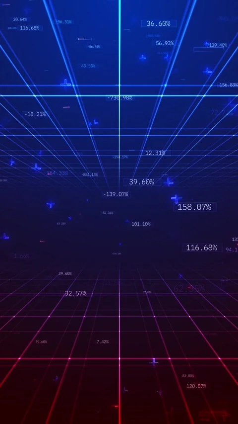 Neon finance grid background with blue red perspective lines, floating percentag Stock Footage 340552461