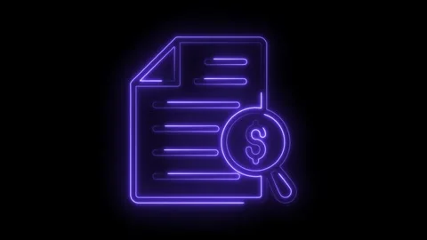Neon financial analysis document with magnifying glass revealing dollar sign on Stock Footage 322962930
