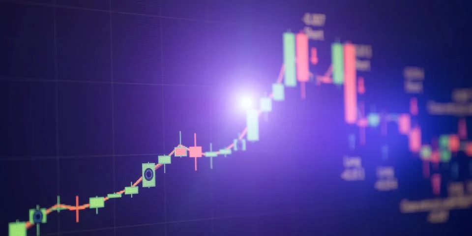 Neon financial data analytics background. Macro view of forex chart on purple Foto stock