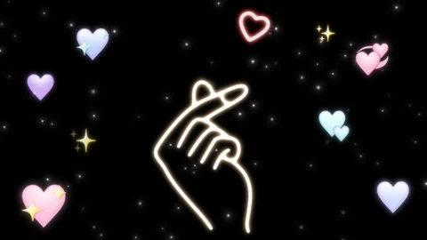 Neon finger heart gestures surrounded by floating pastel hearts and shimmering Video stock 341323325