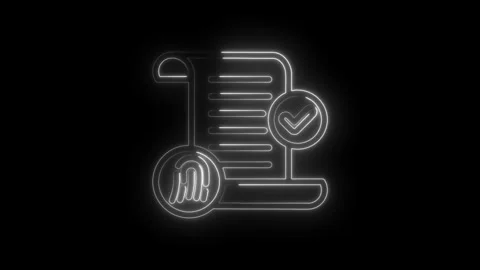 Neon fingerprint on document with checkmark glowing icon symbolizing identity Stock Footage 333954905