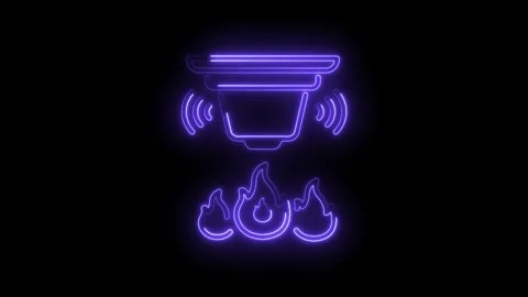 Neon fire alarm system alerting to fire with glowing flames in the dark Stock Footage 322993126