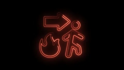 Neon fire exit sign glowing red arrow pointing right shows person running away Stock Footage 333952343