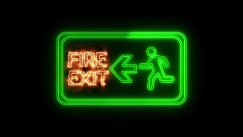 Neon fire exit sign glowing in darkness dynamic motion safety emergency. Stock Footage 346168107