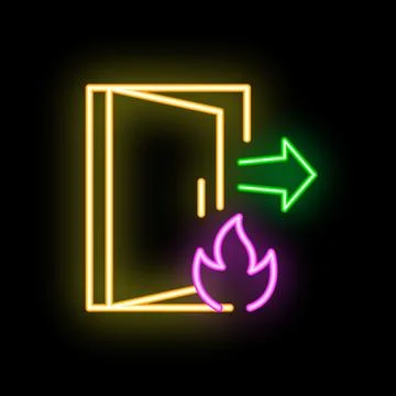 Neon fire exit sign showing open door with arrow pointing out Illustrazione stock