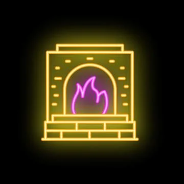 Neon fireplace with burning fire icon illustration Stock Illustration
