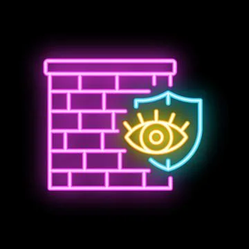 Neon firewall icon protecting data with shield and eye symbol Illustrazione stock