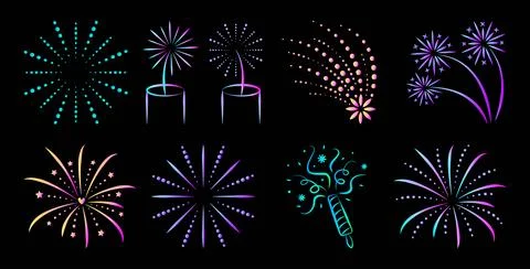 Neon fireworks icon set 스톡 일러스트