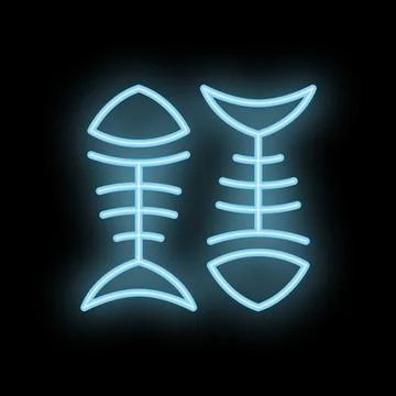 Neon fish bone symbol glowing on black background Stock Illustration