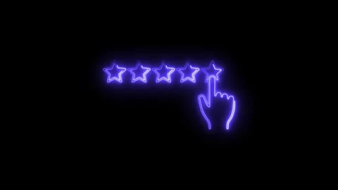 Neon five star rating animation with hand pointer on black background Video stock 308216005