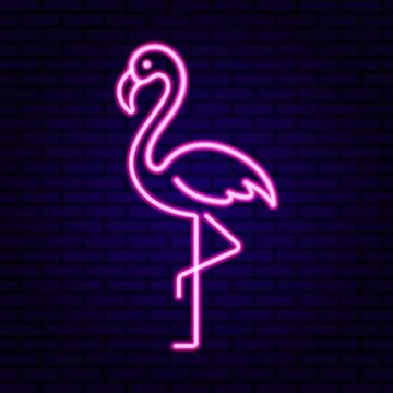 Neon Flamingo Sign on Dark Brick Wall Stock Illustration