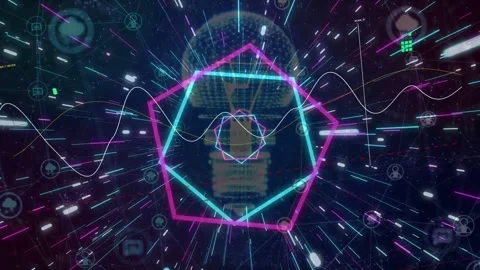 Neon flare sparking pentagons rotating and pulsing over bulb, waveform pulsing Stock Footage 334858388