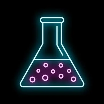 Neon flask with bubbling chemical liquid glowing Stock Illustration