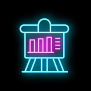 Neon flip chart with growing chart icon glowing on black background Stock Illustration