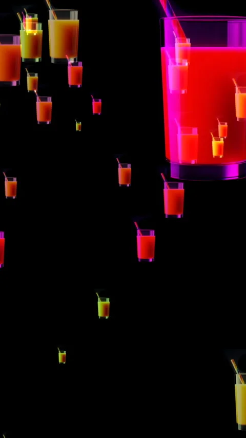 Neon Floating Juice Glasses Over Black Background Colorful Abstract Drinks .. Video stock 337738375